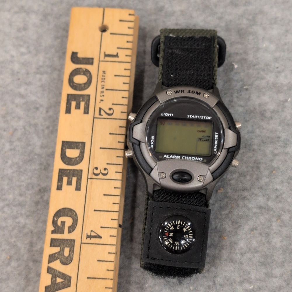 Digital Alarm Chronograph Watch with Compass Green Nylon Hook and Loop Strap - Picture 2 of 4